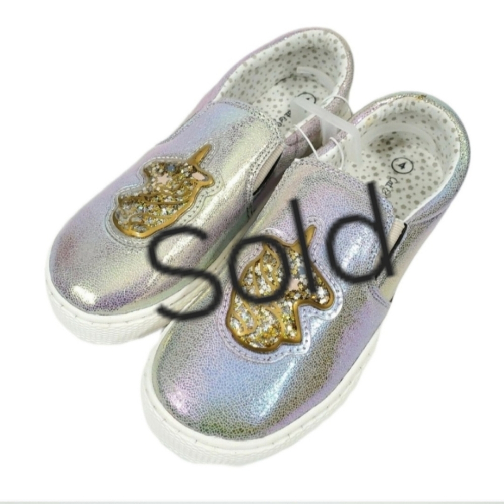 Cat Jack Sz 4 Youth Girls Gold Unicorn Glitter Iridescent Slip On Sneakers Shoes